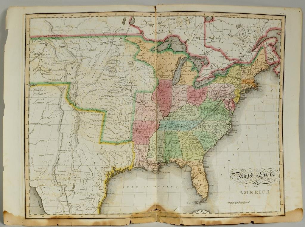 Map United States, Henry Bostwick, NY 1825: Hand colored map of United States from atlas published by Henry Bostwick, NY, 1825. 18" high, 26" wide. Conditon: as is.