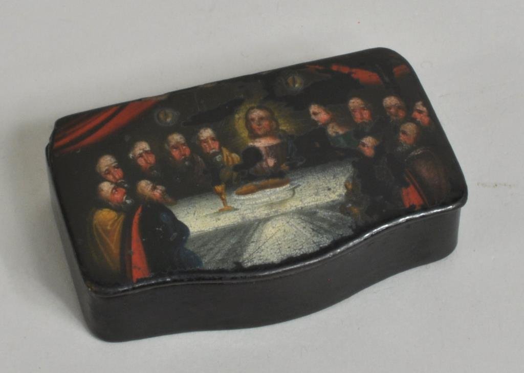 Hand Painted Papier Mache Snuff Box: Hand painted papier mache snuff box, 18th century, depicting The Last Supper. 2" high, 3 1/4" wide. Condition: losses, wear, lid partially detached.