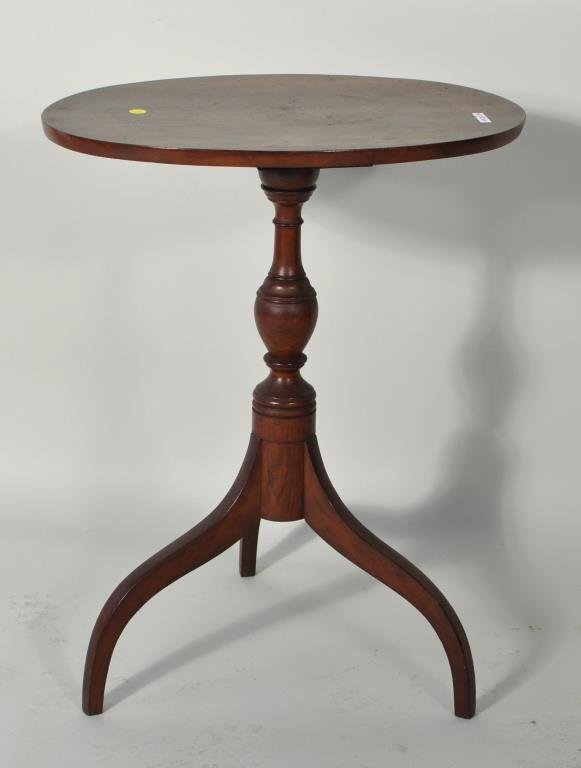 Hepplewhite Oval Mahogany Candlestand: Hepplewhite oval mahogany candlestand, 19th century, on tripod base. 28" high, 21 1/2" wide, 5 1/2" diameter. Condition: repairs, stains to top.