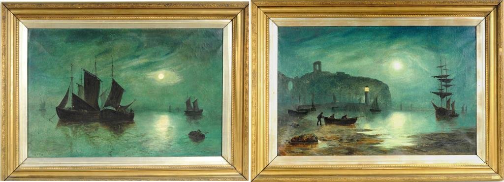 2 English Marine Paintings, O/C: Two English marine paintings, oil on canvas, 19th century, comprising: E. R. Hayes "Off Filey" titled, signed, dated lower border, "E.R. Hayes 1897" and William Bell "Scarborough" titled, signed, and