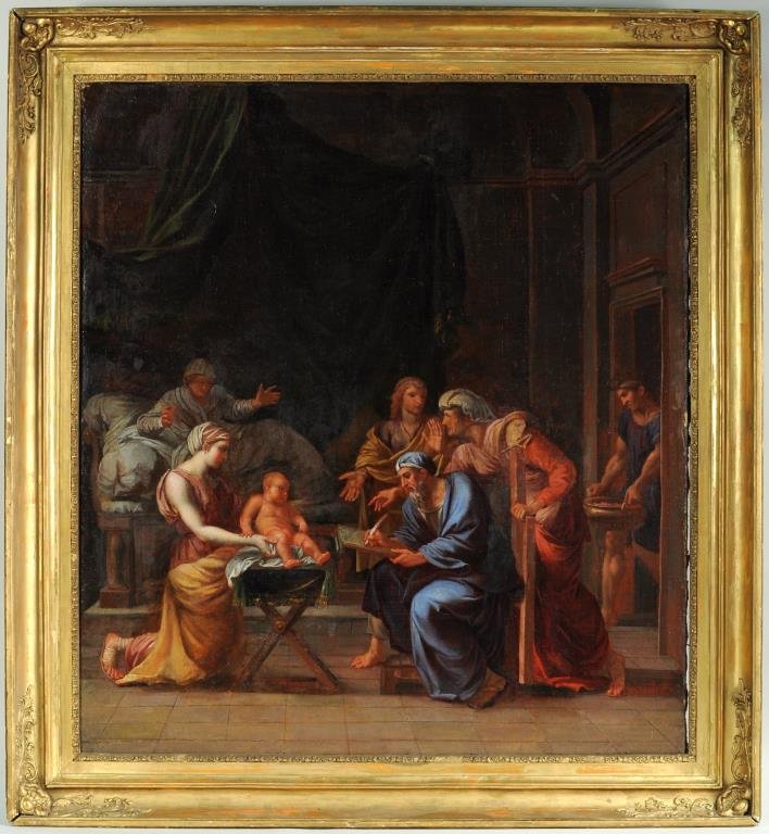 Continental School, "Baptismal Scene" O/C: Continental school, 19th century, "Baptismal Scene", oil on canvas, unsigned. Sight size: 36 3/4" high, 33 1/2" wide, frame size: 44 1/4" high, 41" wide. Condition: relined, restoration, losses to rig