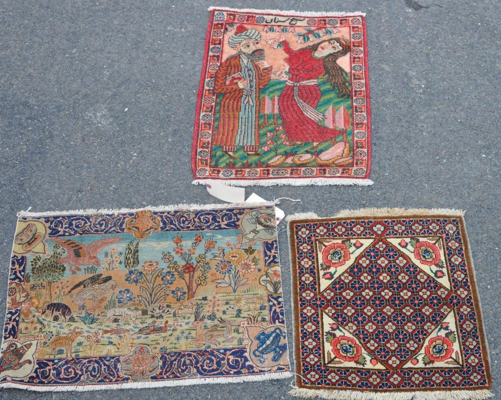 Three Persian Mats, Including 2 Pictorial Mats: Group of three Persian mats, including two pictorial mats, 20th century. 22 1/2" long, 20" wide to 29" ling, 21 1/2" wide. Condition: pile wear, end losses.