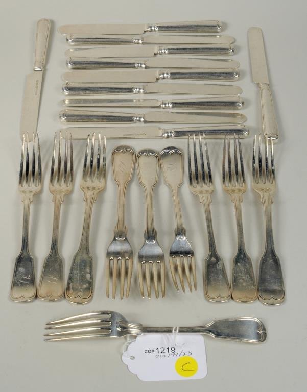 Assembled Set Twelve Silver Luncheon Forks: Assembled set of twelve silver luncheon forks, monogrammed, and eleven luncheon knives in the Fiddle and Thread pattern, 19th century, comprising one fork marked G&H, six marked S. Hoyt & Co., 266 Pea