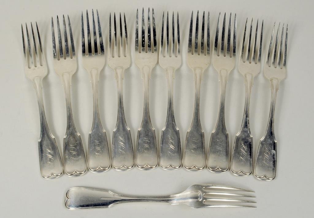 Eleven American Coin Silver Forks: Eleven American coin silver forks, monogrammed, in the Fiddle and Thread pattern, marked Hazen & Collins, 7" long, 7/8" wide. Weight: 20.78 OZT. Condition: wear, scratches.