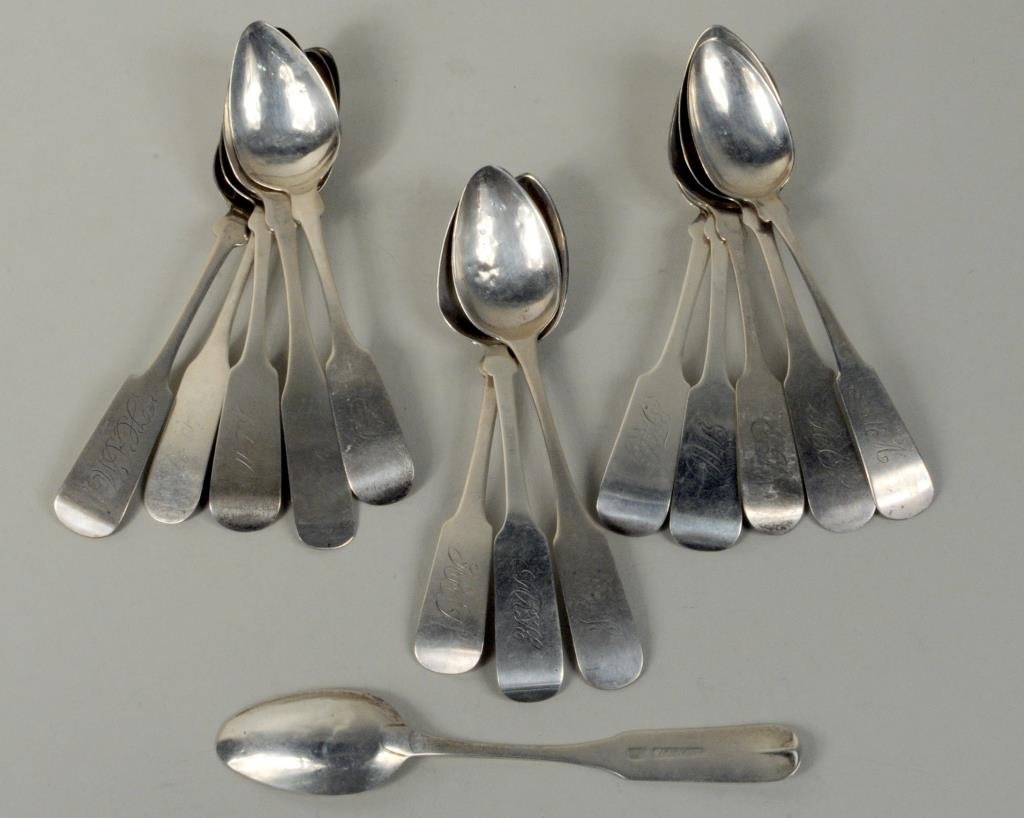Fourteen American Coin Silver Spoons: Fourteen American coin silver spoons monogrammed, 18th/19th century, by various makers including Demilt, HB Myer, Gordon Webster, I Clarico, OH Moses, John A. Cole, L Yates, JA Hoyt, and others, 5 3/4