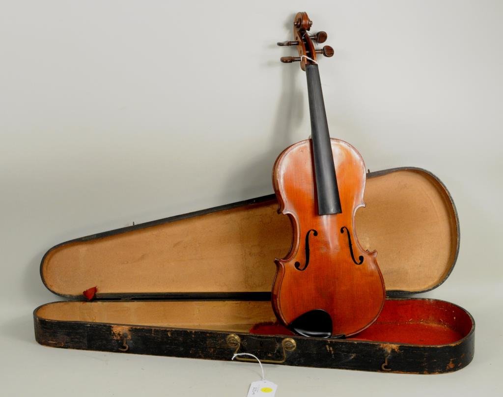French Violin and Wood Case: French violin and wood case, 19th/20th century, paper label in interior "Vuillaume A Paris Rue Croix Des Petits Champ 46". Violin 23 1/2" long, 8 1/8" wide. Condition: detached fret board, chip to upp