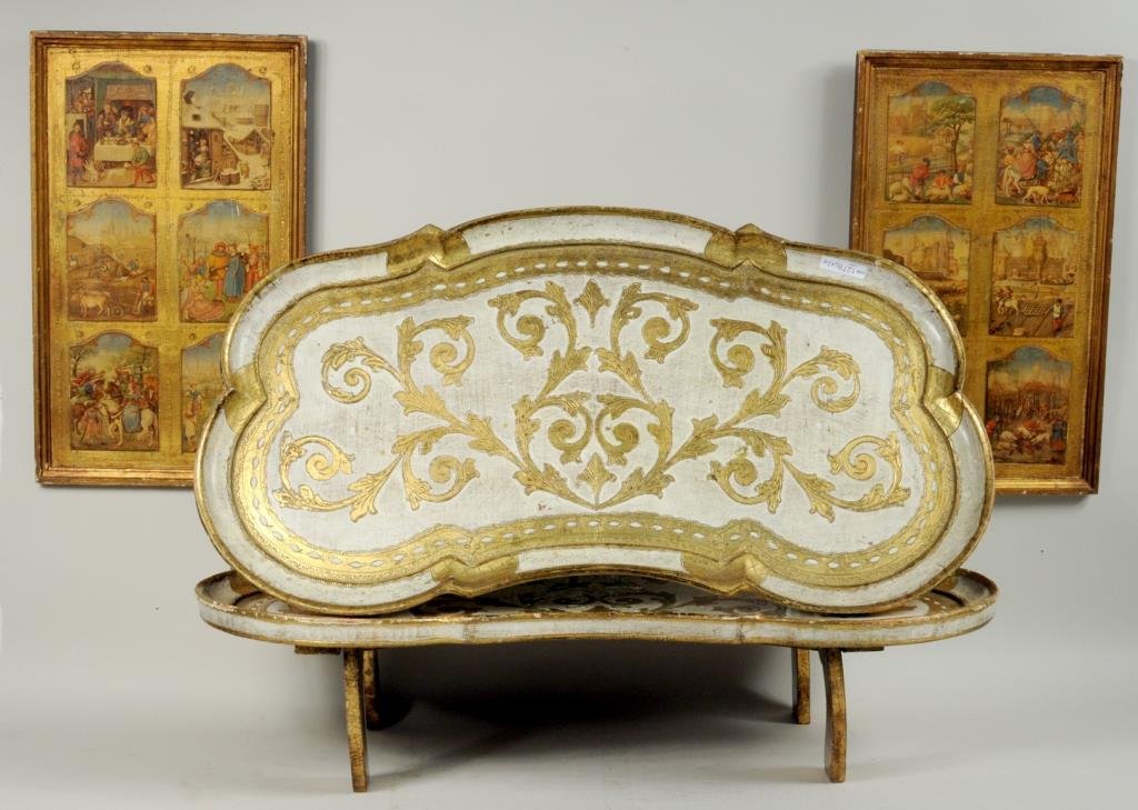 Group Four Venetian Gilt Decorated Items: Group of four Venetian gilt decorated items, comprising two bed trays and two print panels. 18" high, 10 3/4" wide to 14 1/4" high, 29" wide. Condition: chips, gilt, gesso wear, loss.