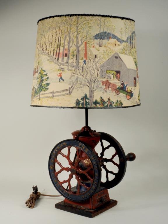 Chas. Parker Co., Meriden, CT Coffee Grinder/Lamp: The Chas. Parker Company, Meriden, CT coffee grinder lamp. 28"' high, 9" wide. Condition: paint, gilt wear, loss. 35" long, 9" wide.