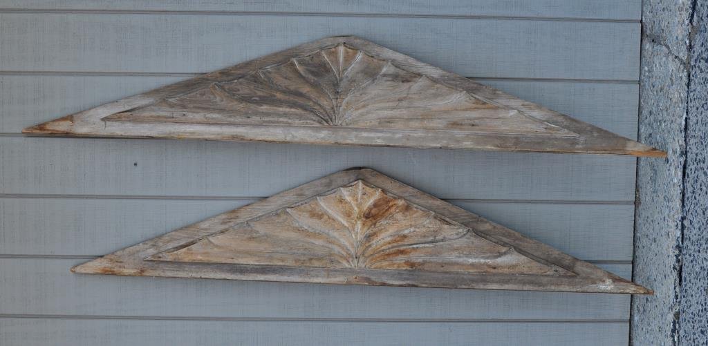 Two Architectural Fan Carvings: Two architectural fan carvings, 19th century. 15 1/2" high, 82" wide, 1 1/2" deep. Condition: wear from exposure to elements, losses.