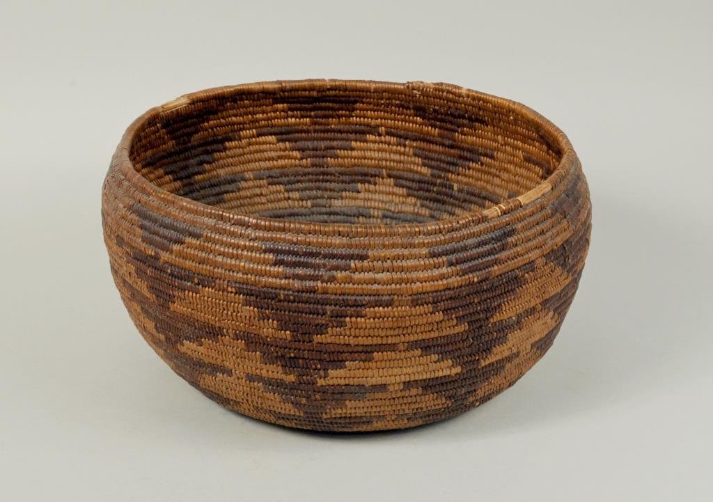 California Native American Woven Basket: California Native American woven basket, 19th/20th century, probably Washoe tribe, with continuous stepped triangle design. This basket was given to the consignor's mother by a Native American woman i