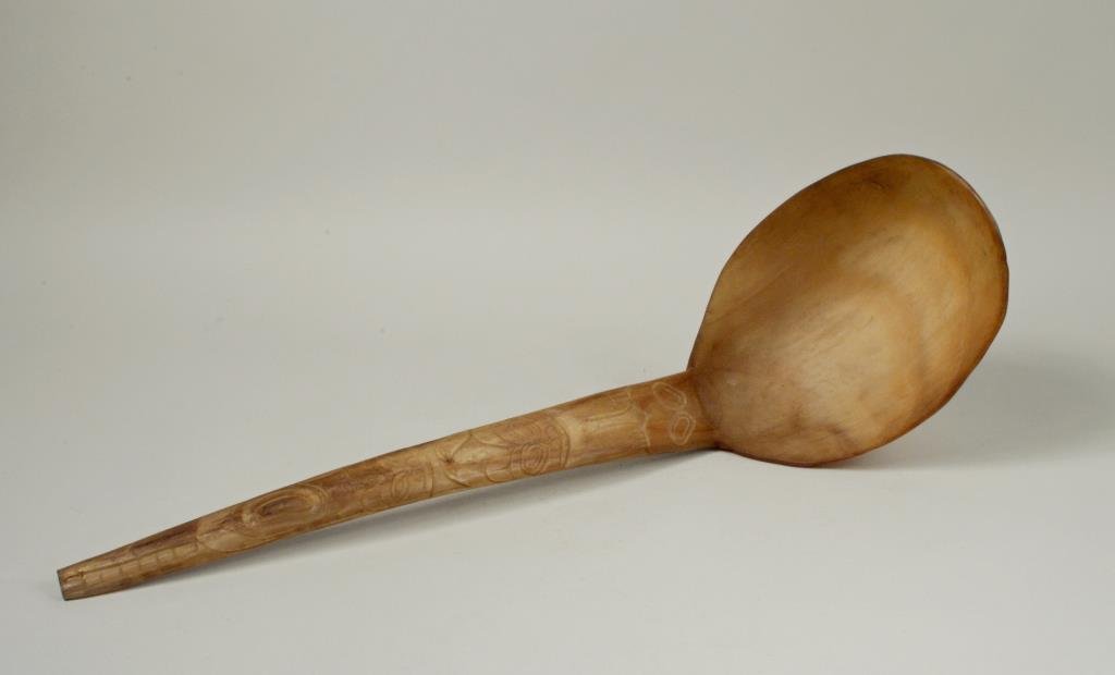 Large Northwest Coast Carved Goat Horn Ladle: Large Northwest Coast carved goat horn ladle, with totemic carving on handle purchased at Skinners in October 1997, Lot 129. 19 1/2" long, 5 5/8" wide.