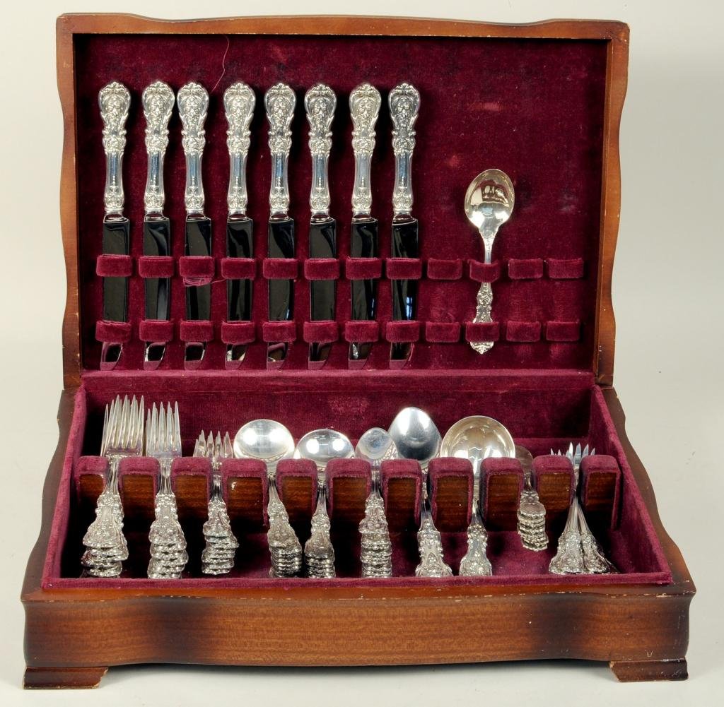 Reed & Barton Sterling Silver Flatware Service: Reed and Barton sterling silver flatware service for eight in the "Francis I" pattern, comprising eight dinner forks, eight luncheon forks, eight salad forks, eight knives, eight butter knives, eight 
