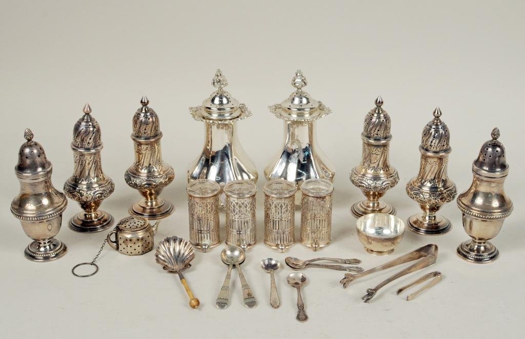 Twenty Three Small Sterling Silver and Plate Items: Twenty three small sterling silver and plate items comprising a pair of Black, Starr & Frost large salt and pepper urns, monogrammed, two pair English smaller salt and pepper urns made in Sheffield in