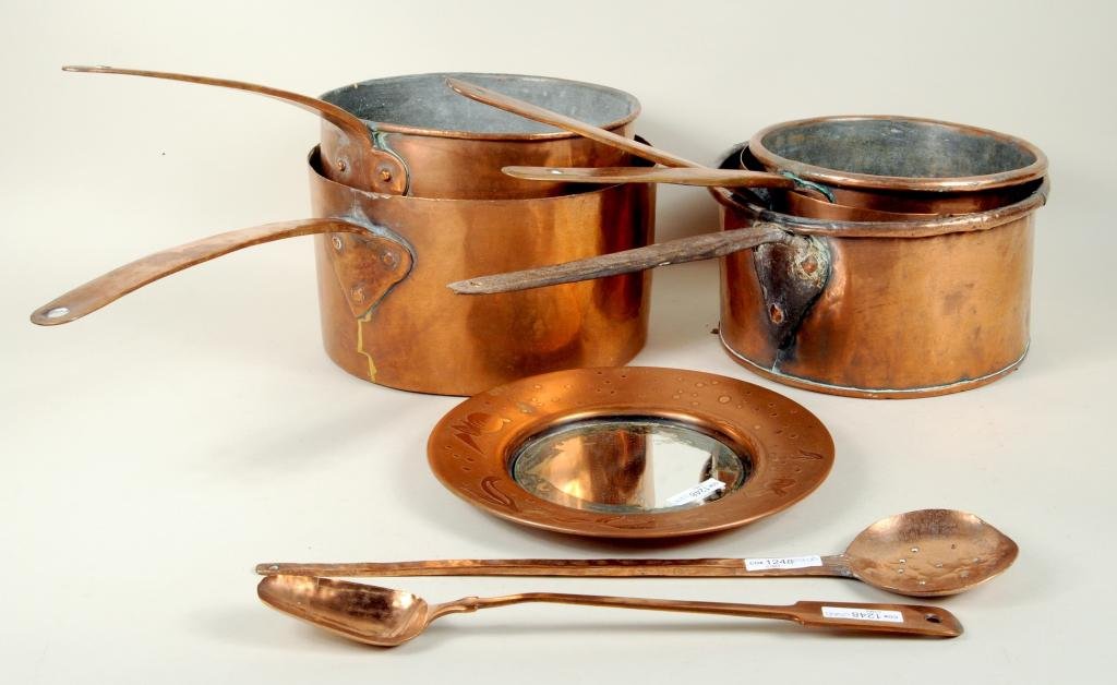 Five Copper Pots, Two Copper Utensils & Mirror: Five copper pots, two copper utensils and a mirror. 15 1/2" high, 2 1/4" wide to 21 1/4" long, 10 1/4" wide. Condition: use wear, dents, rim damage to one pot.