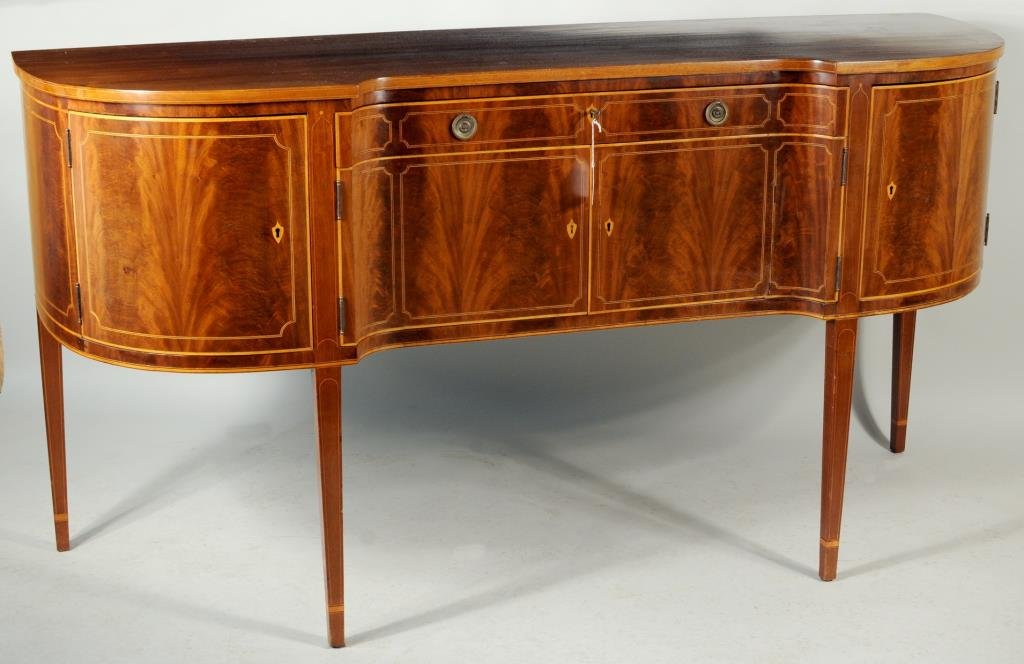 American Hepplewhite Style Mahogany Sideboard: American Hepplewhite style inlaid mahogany sideboard, 20th century, in the Baltimore style. 39 1/2" high, 76" wide, 24 1/2" deep. Condition: refinished, scratches, stains to top.