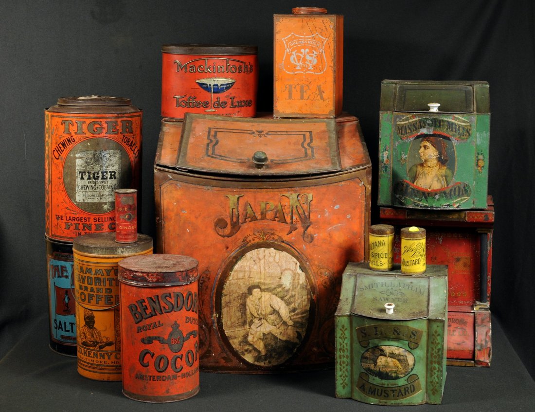 Thirteen Country Store Advertising Tins: Thirteen country store advertising tins, 19th century, including "Mammys" favorite brand coffee, the Planters Pennant Peanuts, Bensdorf cocoa, Tiger chewing tobacco and others, 3 1/4" high, 1 3/4" dia