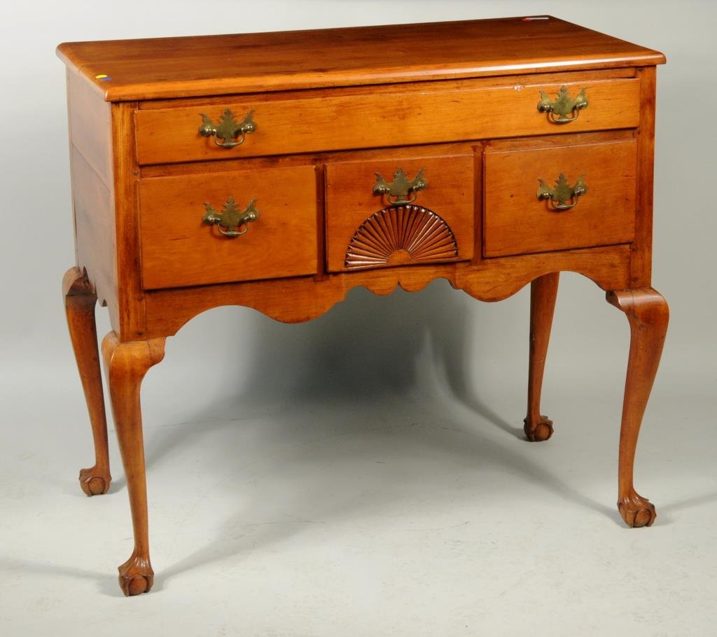 Queen Anne Cherry Wood Highboy Base: Queen Anne cherry wood highboy base, with one long drawer and a fan drawer, cabriole legs and claw/ball feet, Connecticut, 18th century. 36" high, 38" wide, 20" deep. Condition: later top on original 