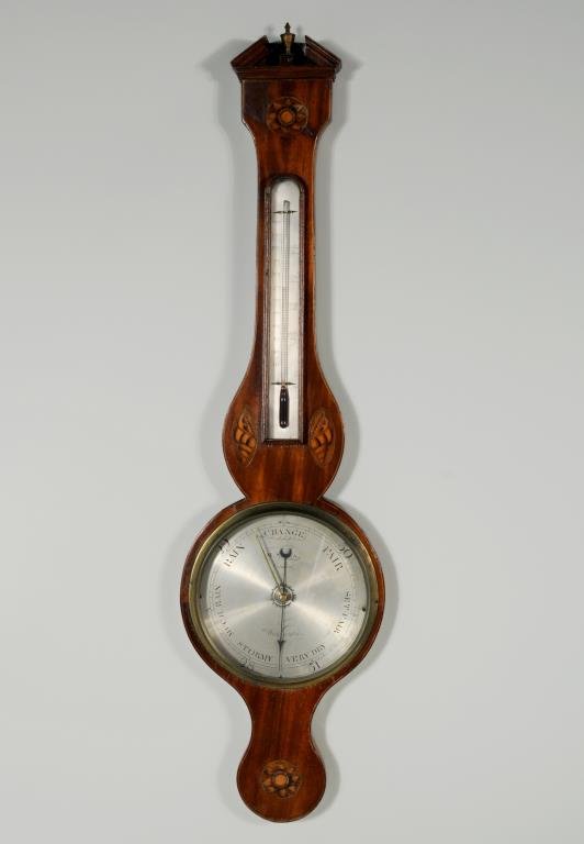 George III Inlaid Mahogany Banjo Barometer: George III satinwood inlaid mahogany banjo barometer signed "M. Salla Preston" with silvered dial and whelk inlay. 38" long, 10" wide. Condition: use wear, restoration, losses, age cracks.