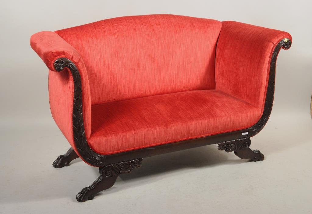 Empire Style Mahogany & Velvet Settee: Empire style mahogany and red velvet settee, upholstered in striped velvet on paw feet. 36 1/2" high, 63 1/2" wide, 24" deep.