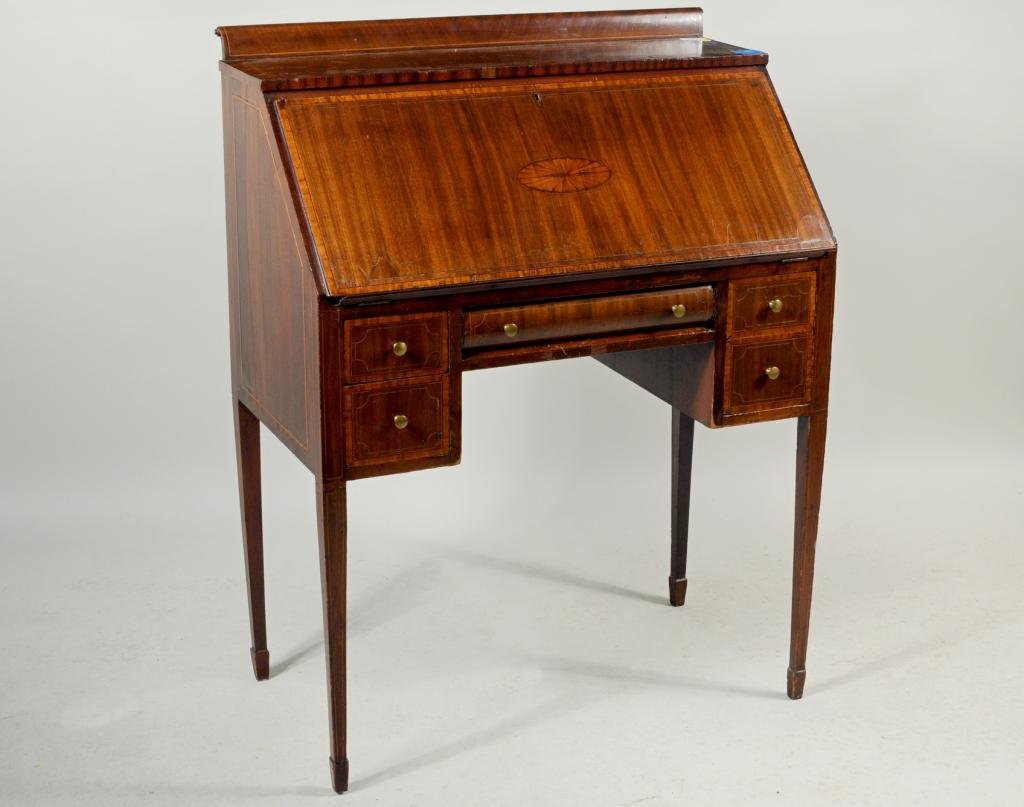 Edwardian Inlaid Ladies' Writing Desk: Edwardian inlaid ladies' writing desk, lid with fan inlay over long drawer flanked by two short drawers, interior with two drawers and cubbies. 41 1/2" high, 32 1/2" wide, 18 1/2" deep (closed), 30 1/