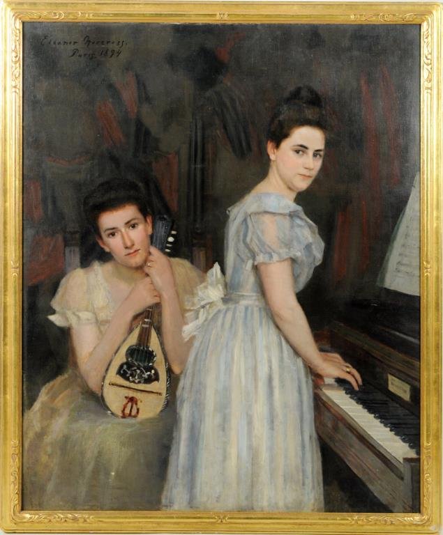 E. Norcross (Am. 1854-1923), "Two Ladies at Piano": Eleanor Norcross (Massachusetts, 1854- 1923) framed oil on canvas of two ladies at the piano, signed and dated upper left corner "Eleanor Norcross, Paris, 1894". Sight Size: 50 1/2" long, 42" wide, fr