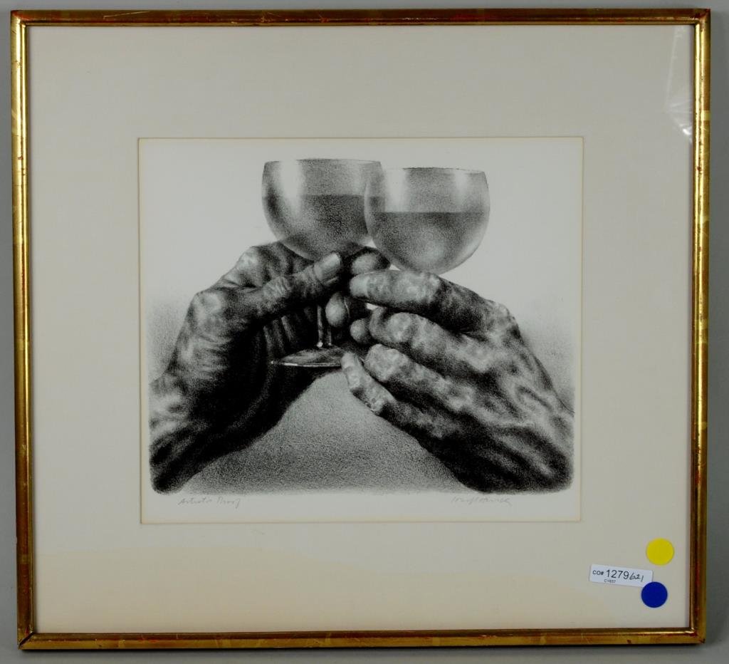 Joseph Hirsch, "Toast", Lithograph: Joseph Hirsch (New York, 1910 - 1981), "Toast" lithograph, pencil signed artists proof. Framed, not examined out of frame. Sight size: 10 3/4" high, 12 1/2" wide. Condition: mat toning.