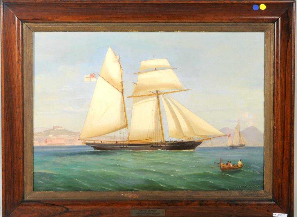 Tomaso De Simone, Oil on Canvas: Tomaso De Simone ( Italian, active 1870-1900), 'An Admiralty Schooner of the White Squadron in the Bay of Naples' oil on canvas, signed, dated L.R. T D Simone 1869. One of a famous family of Neapolita