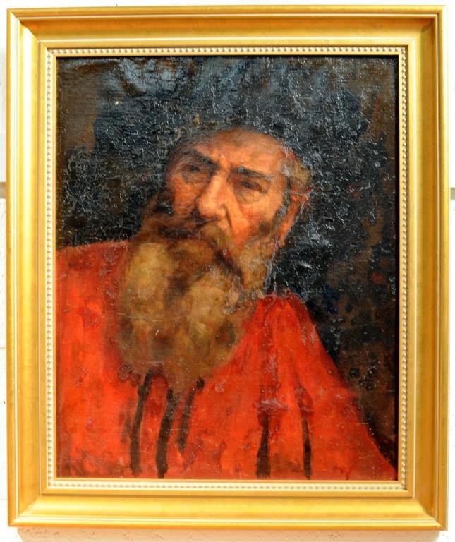 Portrait of Older Gentleman, O/C: Portrait of an older gentleman, shown bust length with long gray beard, attired in red, oil on canvas. Ownership label verso for James D. Smith, Linden Lodge, Stamford, CT., former president of the Ne