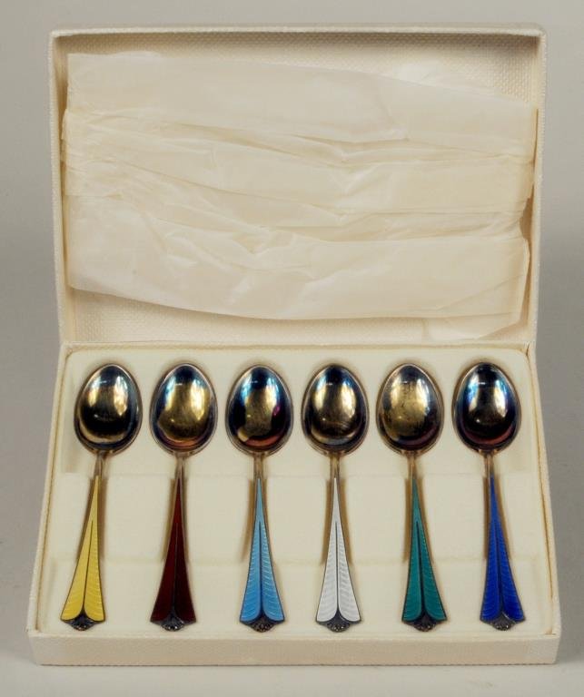 Six David Anderson Enameled Demitasse Spoons: Set of six Danish David Anderson enameled demitasse spoons, boxed. 3 7/8" long, 7/8" wide. Weight: 1.975 OZT.