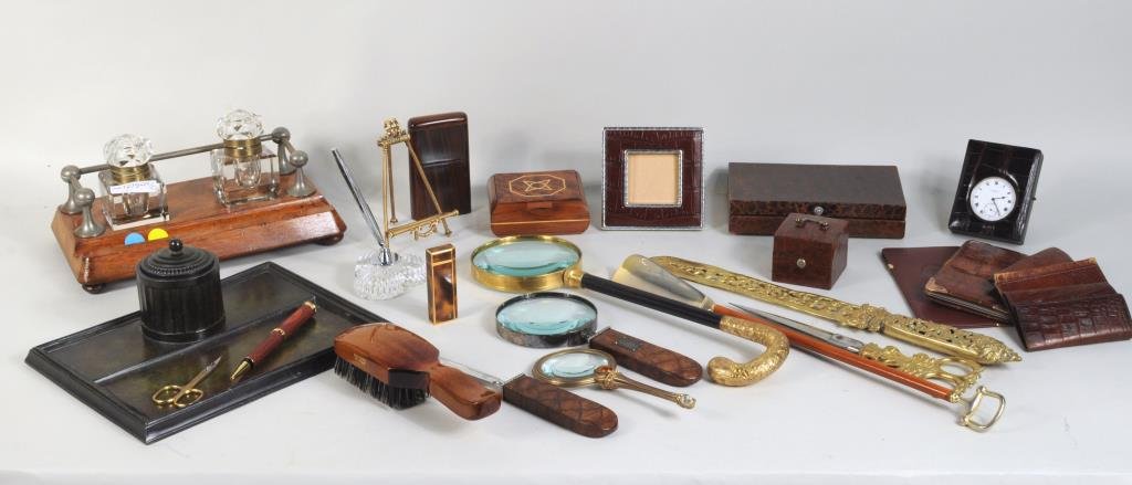 Group Men's Desktop Items: Group of men's desktop items including a Danish bronze inkwell stand, a Cartier lighter and glasses case and a JW Benson London pocket watch in alligator case. 2 3/4" high, 1" wide to 8" high, 10 1/2"