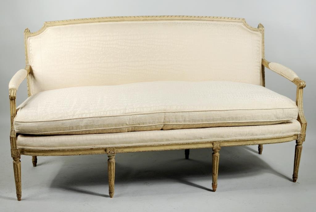 Louis XVI Carved & Painted Beech Wood Canape: Louis XVI carved and painted beech wood canape, late 18th century. 38" high, 66 1/2" wide, 23" deep. Condition: paint wear, loss, frame nicks, age cracks, worm damage, restoration, small losses.