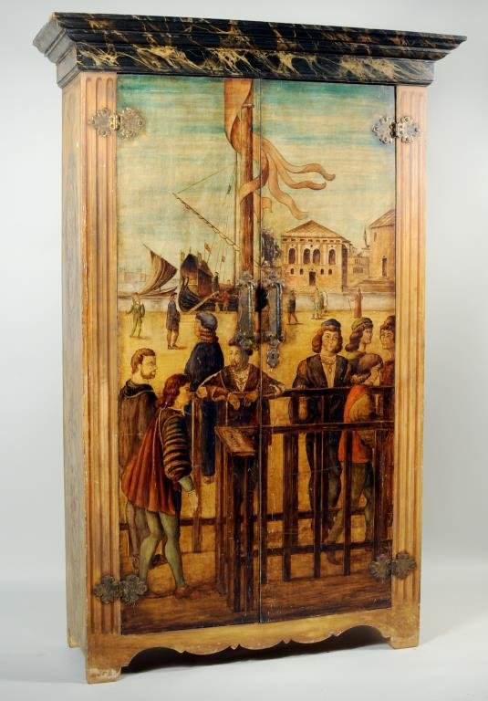 Venetian Style Painted Two Door Armoire: Venetian style painted two door armoire having a faux marbled cornice over doors painted with Venetian scene. 81 1/2" high, 45 1/2" wide, 16" deep. Condition: scattered paint loss, restored area above