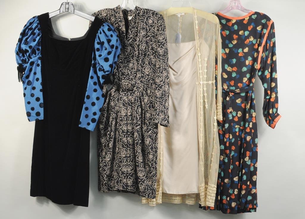Four Ladies' Dresses, Jacobs, Ricci, Escada: Four ladies' dresses comprising a Nina Ricci Boutique, size 40; Marc Jacobs, size 12; Escada, size 40; and a velvet dress, no label. Condition: use wear.