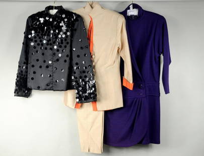 Four Designer Items by Armani, Rossi & Parnis: Four designer items by Armani, Rossi and Parnis including an Emporio Armani black sequin jacket size 8, Pilar Rossi beige and orange trimmed silk pant suit size medium and a Mollie Parnis purple dress