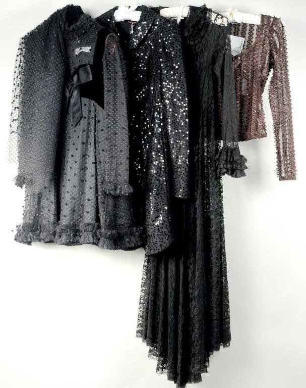 Five Lace Evening Items: Five lace evening items comprising a Jacqueline de Ribes lace cocktail dress, lace coat , shawl and two Betsey Johnson items, size 4 and size 6.
