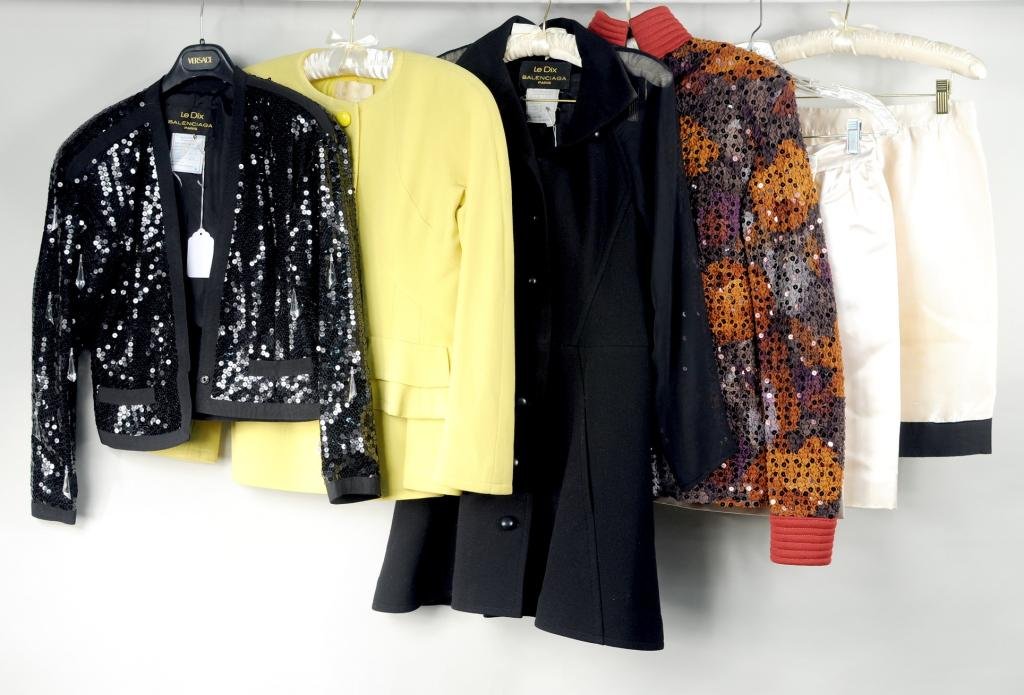 Six Le Dix for Balenciaga Ladies Clothing Items: Six Le Dix for Balenciaga ladies clothing items including three skirts, one yellow size 38, one black and one rust skirt and rust print jacket, a black sequin jacket and two silk beige skirts, size me