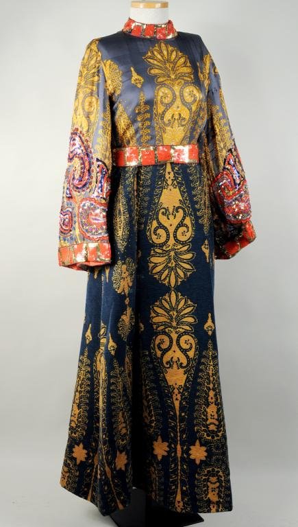 Ronald Amey Navy & Gold Evening Dress: Ronald Amey navy and gold evening dress with gold cotton velvet skirt,bright sequin sleeves and silk bodice.