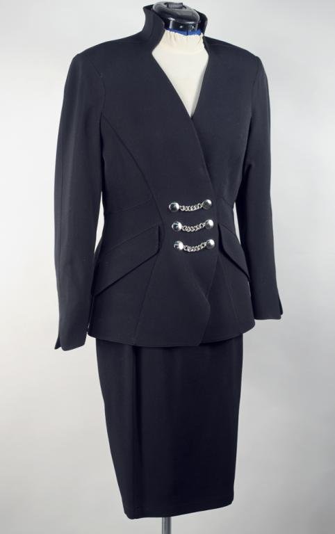 Thierry Mugler Vintage Black Worsted Wool Suit: Thierry Mugler, Paris, vintage black worsted wool suit size 38, dated 1980.