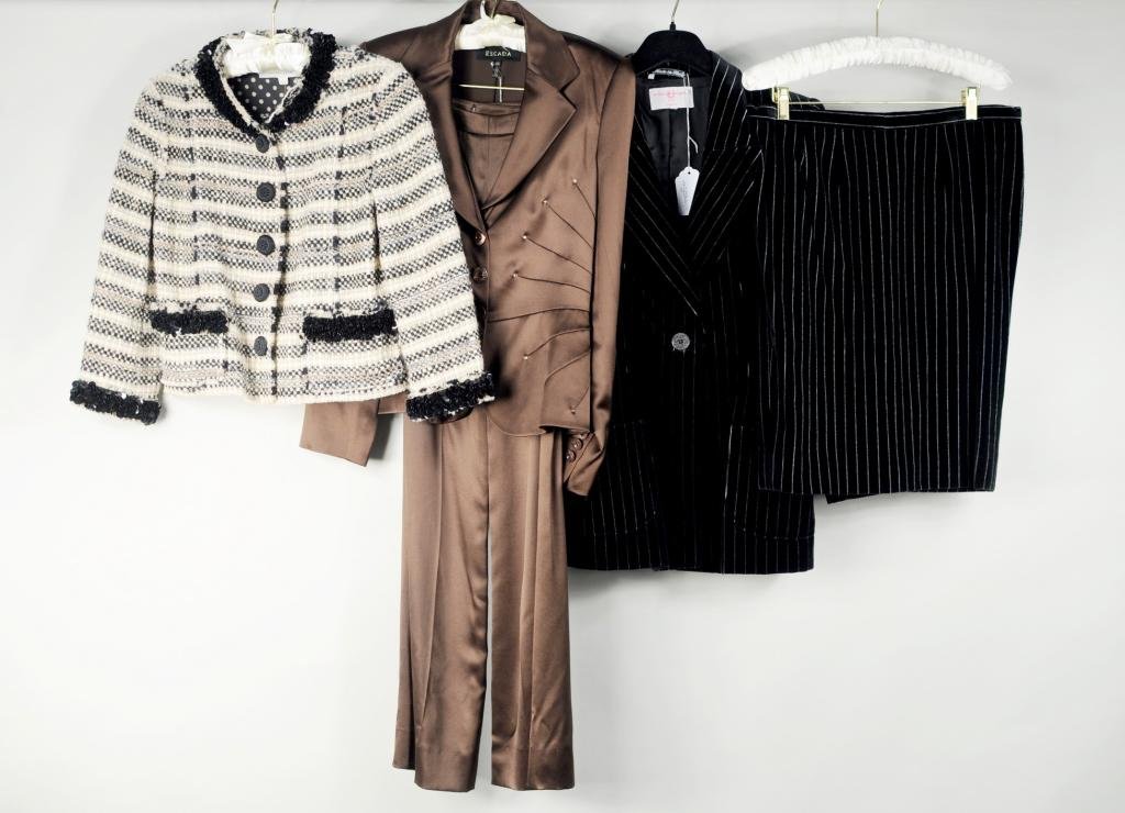 Five Emanuel Ungaro, Escada & Marc Jacobs Items: Five Emanuel Ungaro, Escada and Marc Jacobs items including Ungaro Paris collection black velvet stripe skirt suit, Escada brown satin pant suit size 34, and Marc Jacob black and white stripe wool wit