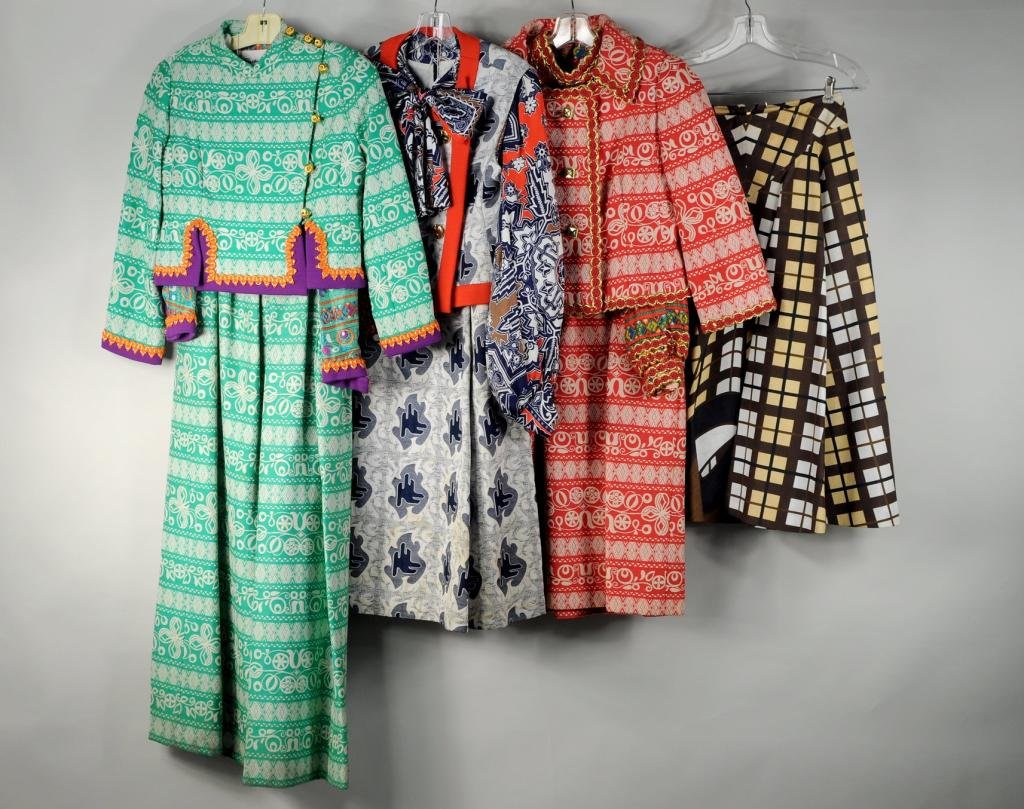 Seven Cotton Ladies' Items, Ronald Amey: Seven cotton pieces by Ronald Amey including one green print long sleeve dress with short suit jacket, one red print long sleeve dress with short suit jacket, one cotton red and navy print long sleeve