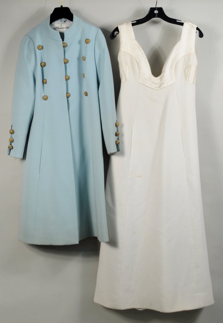 Two Ronald Amey Items, Dress & Coat: Two Ronald Amey items comprising one white white evening dress and one light blue coat, size small to medium. Condition: stains to evening dress.