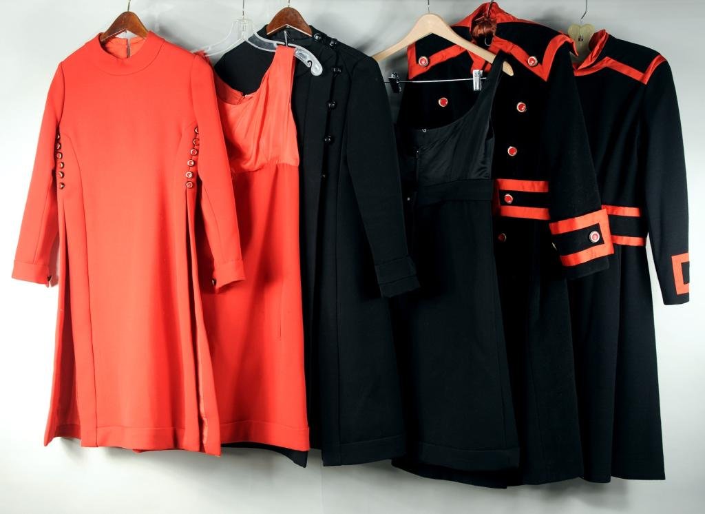 Three Ronald Amey Wool Couture Coats and Dresses: Three Ronald Amey wool couture coats and dresses comprising one black coat and dress with red trim, one black coat and sleeveless dress and one red coat and sleeveless dress.
