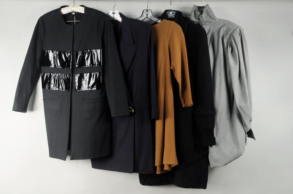 Five Dresses, Ferre, Chloe, Ungaro & Shi: Five dresses by Ferre, Chloe, Ungaro and Shi comprising Gianfranco Ferre navy coat dress, Chloe black wool knit, green wool coat dress with patent leather trim size 44, Ungaro Paris black and white ho