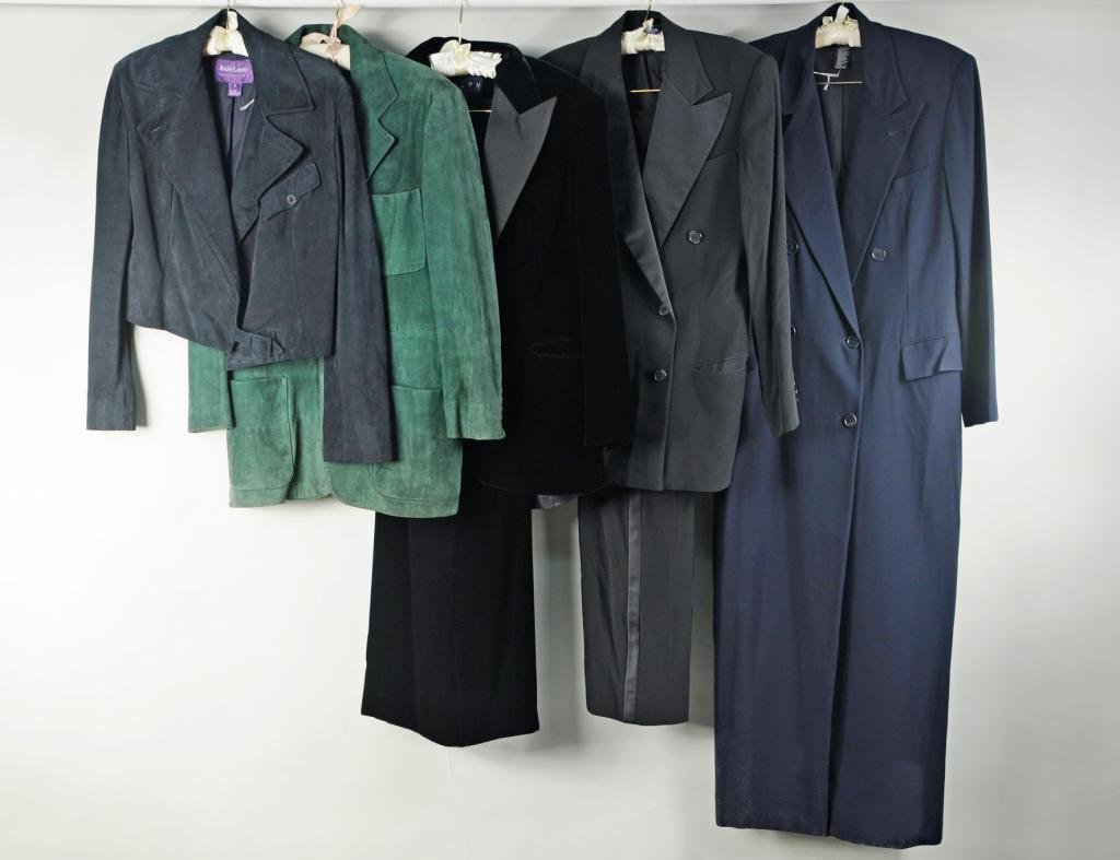 Two Ralph Lauren Suits, Three Coat Jackets: Two Ralph Lauren suits, three coats and jackets comprising two black tuxedo pant suits size 6, one velvet and one gabardine, one navy blue long gabardine spring coat size 6, one navy blue suede battle