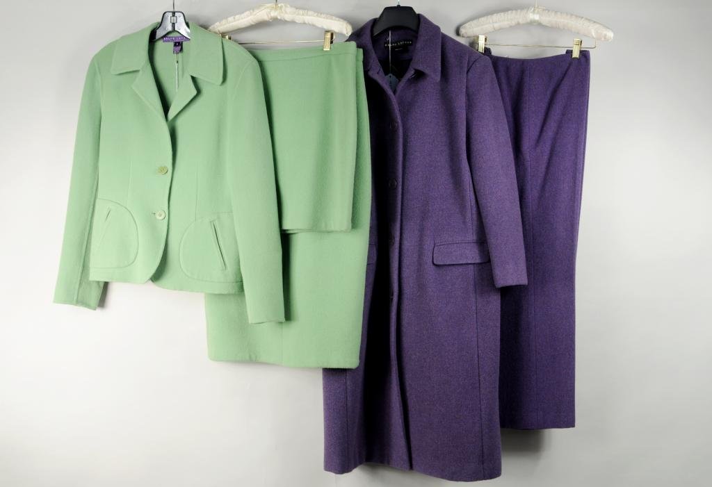Two Ralph Lauren Ladies' Wool Suits: Two Ralph Lauren ladies' wool suits comprising one purple heavy wool pants suit, size 8 and one green heavy wool skirt suit size 8 including one short and one long skirt.