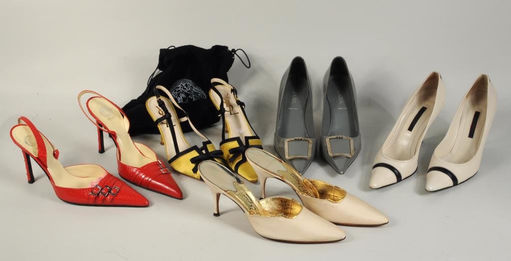 Five Pair Ladies' Designer Shoes: Five pair ladies' designer shoes comprising Versace, Stanley Philipson, Yves Saint Laurent, Narciso Rodriguez and Prada; leather and satin. Two pair size 9, one pair size 39, one pair 39 1/2, one pair