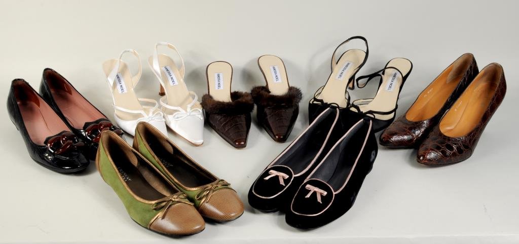 Seven Pair Ladies' Designer Shoes: Seven pair ladies' designer shoes comprising Vanessa Noel, Miu Miu, Stuart Weitzman, Franco Sarto and Ralph Lauren; satin, leather and velvet. Four pair size 9, One pair size 39, two pair size 39 1/2.