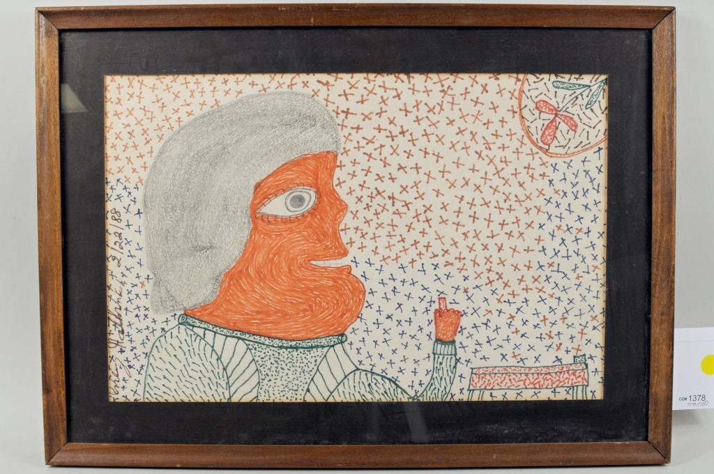 Inez Nathaniel Walker " Lady & Flower" Drawing: Inez Nathaniel Walker (American Folk Artist, 20th century), "Lady and Flower" marker and pencil on paper, signed, dated 88 on left. Framed, not examined out of frame. Sight size: 11 1/2" high, 17 1/2"