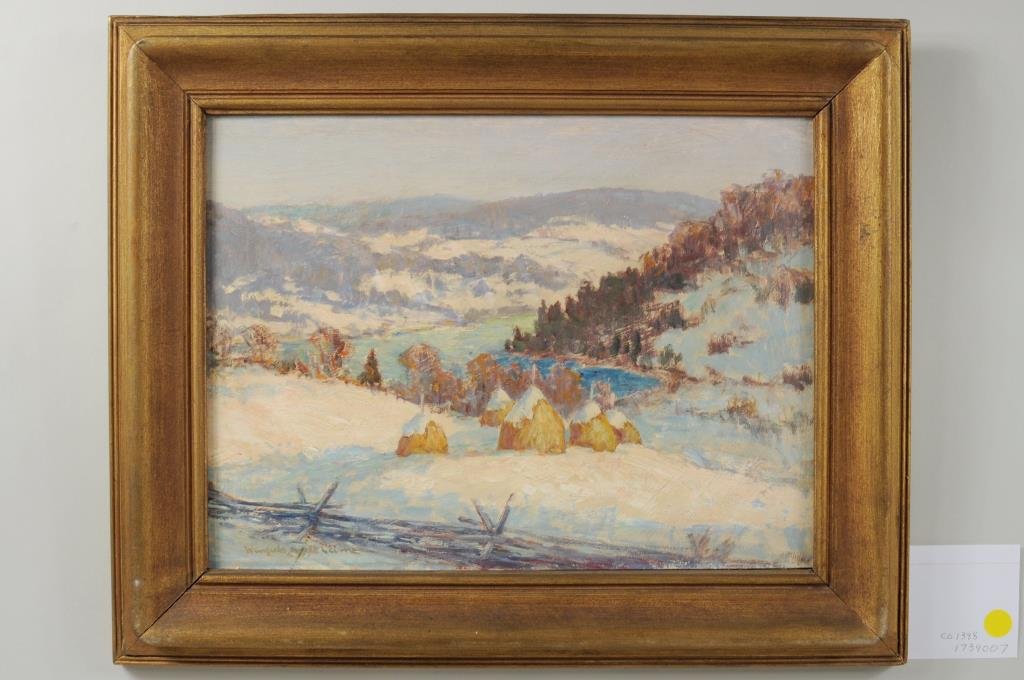 Winfield Scott Clime "New England Landscape": Winfield Scott Clime (Old Lyme, CT, 1881-1958) "New England Landscape" oil on masonite, signed lower left. "Brown Galleries, Hartford, CT" label verso. Sight size: 11 1/2" high, 15 3/8" wide. Frame si