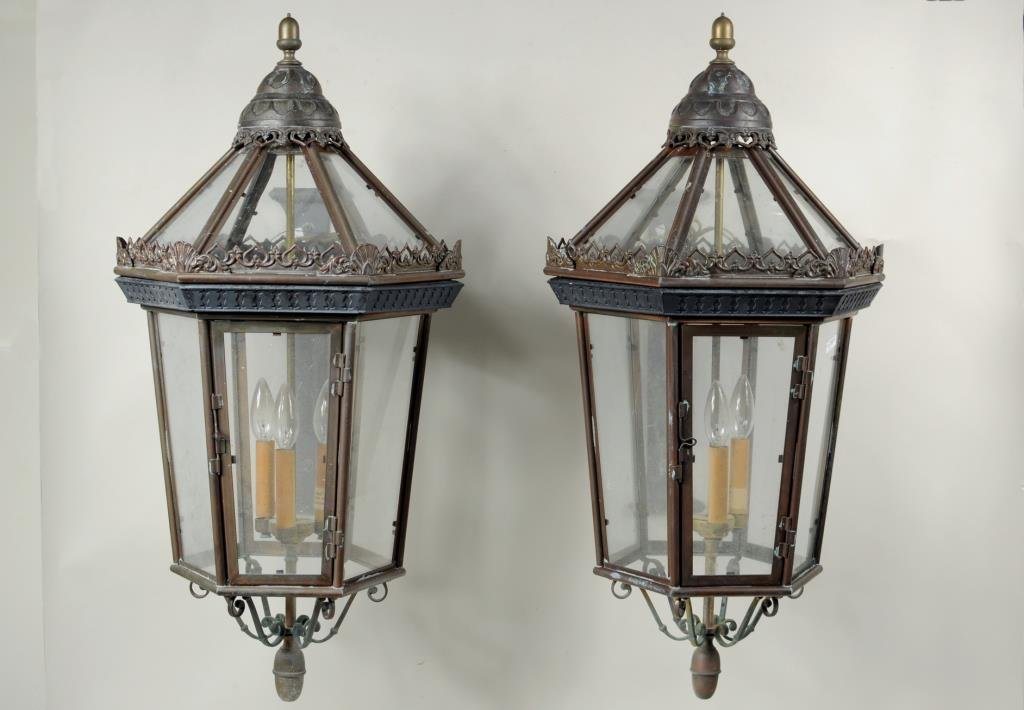 Pair Large Copper/Brass Lantern Sconces: Pair of large copper, brass and metal exterior lantern sconces with acorn finials. 31" high, 17" wide. Provenance: from a circa1902 Bedford, NY mansion owned by Florence J. Harriman, socialite, suffra